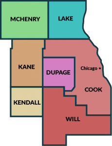 Map of Illinois counties: McHenry, Lake, Kane, Dupage, Cook, Kendall, Will
